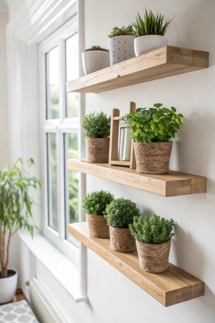 Elevate your greenery with chic floating shelves—where simplicity meets natural beauty.