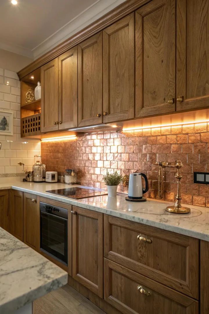 A cozy kitchen featuring a copper tile backsplash that exudes warmth and sophistication.