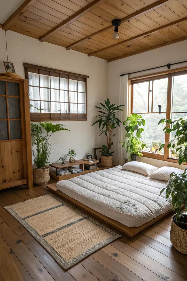 Enhance tranquility with natural elements like wood and greenery.