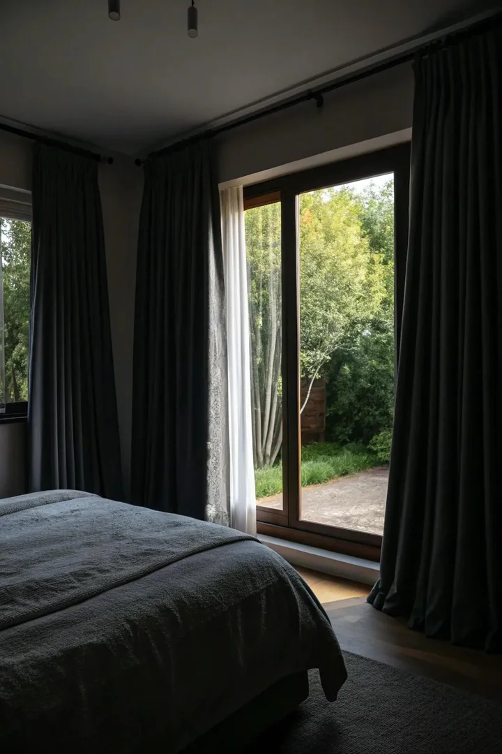 Blackout curtains ensure a restful, uninterrupted sleep in the shared space.