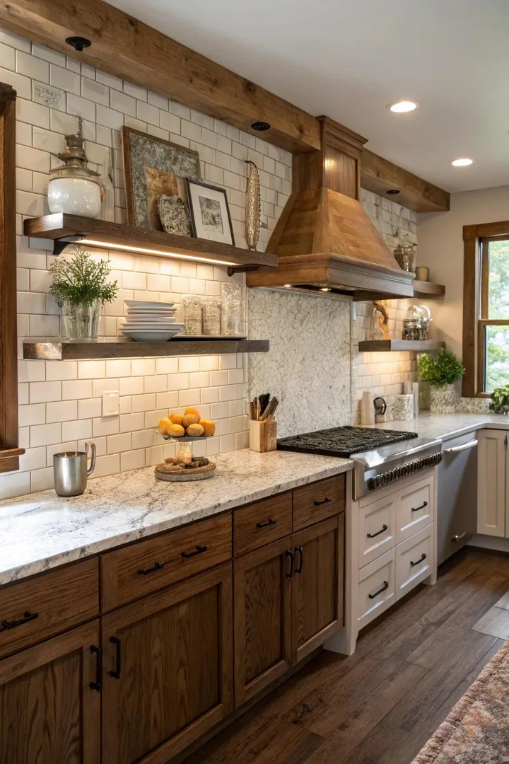 Warmth and texture with Bianco Antico granite and wood.
