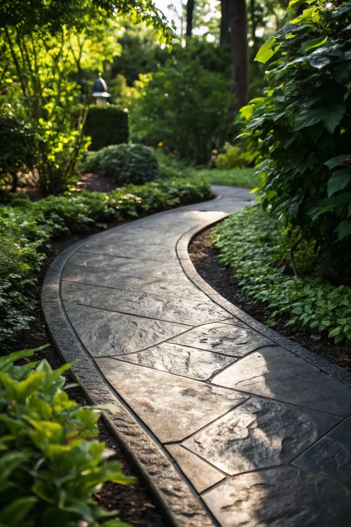 Elevate your home's exterior with the timeless elegance of charcoal-stained concrete pathways.
