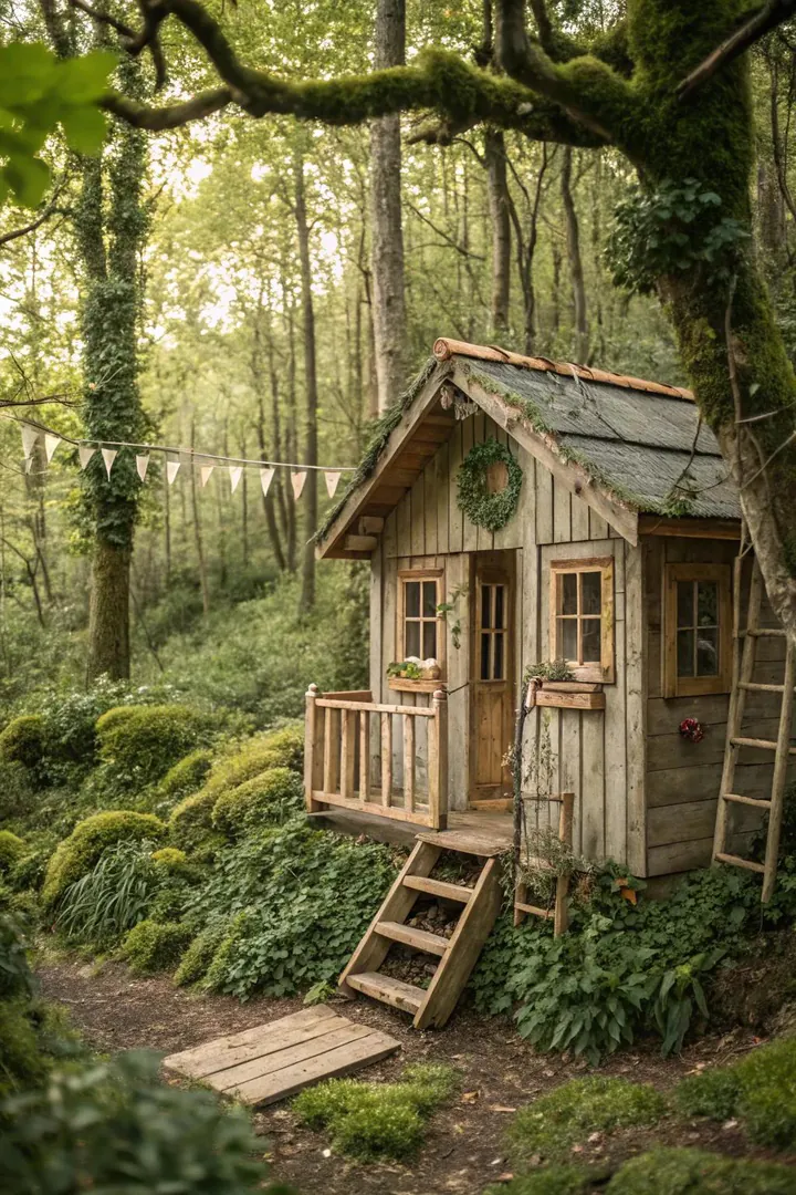 Escape into a whimsical woodland retreat with this charming rustic playhouse, where nature and simplicity create a serene haven.