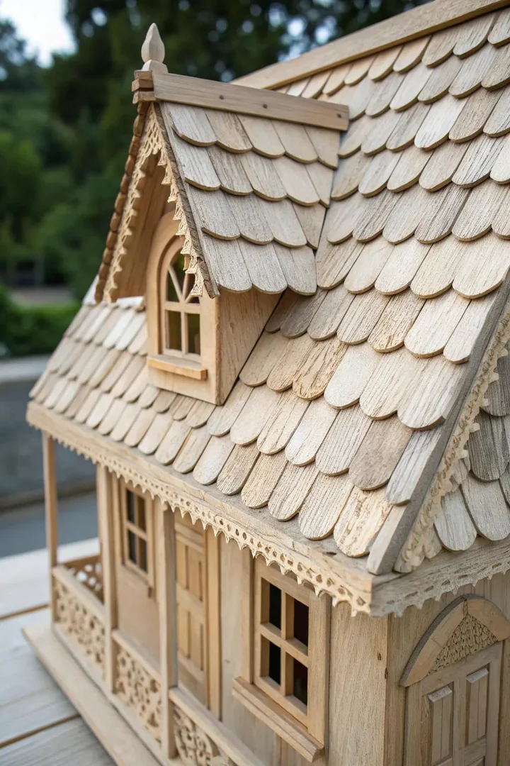 Elevate your dollhouse design with rustic balsa wood shingles for a touch of natural elegance.