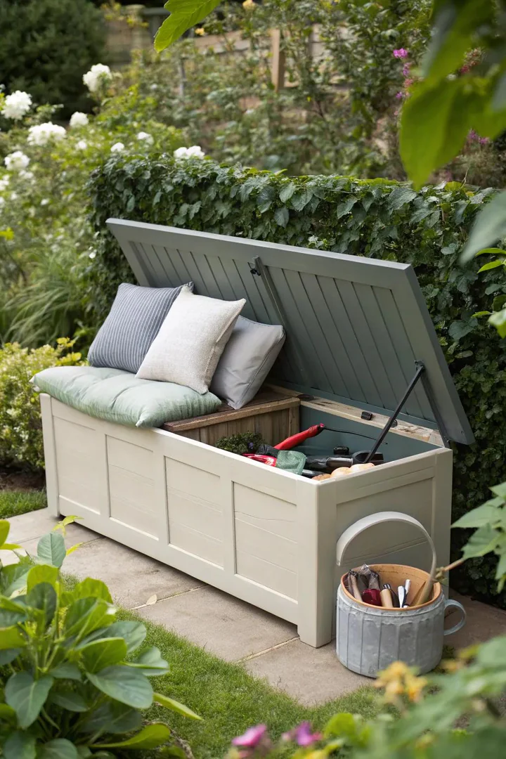 Combine seating and storage with a multi-functional garden bench.