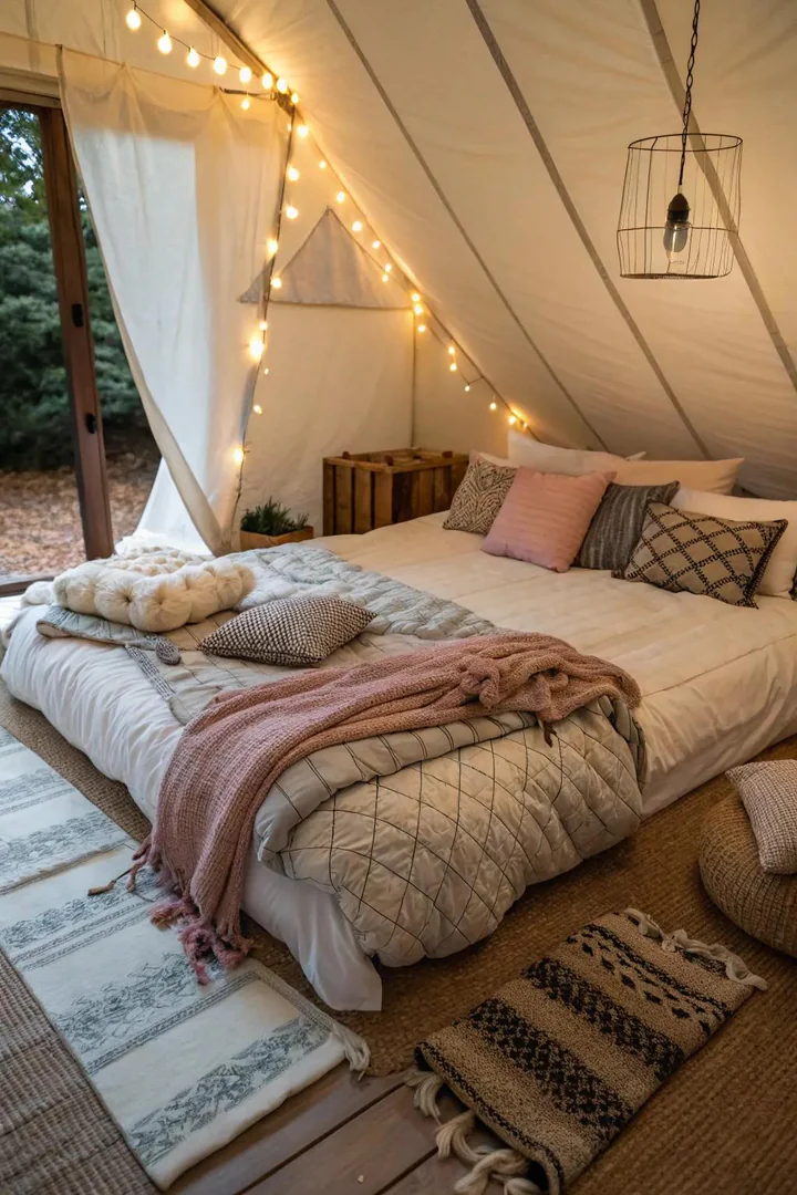 Layer soft textiles for a cozy and inviting sleeping area.