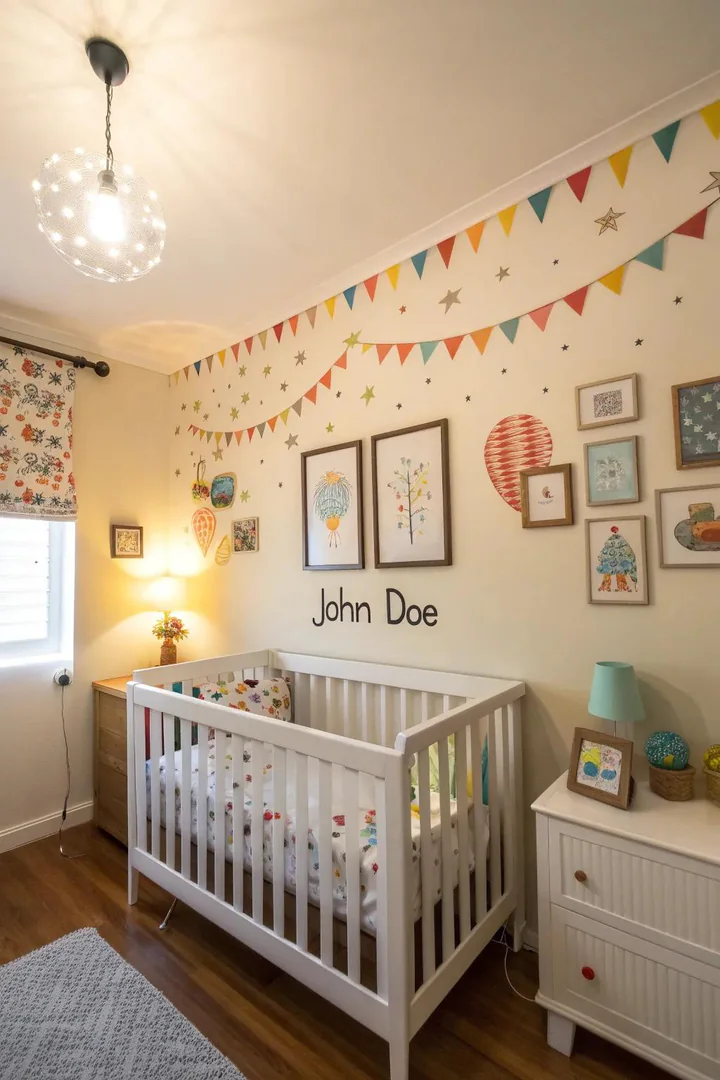 Personalized wall art adds charm to the shared nursery space.