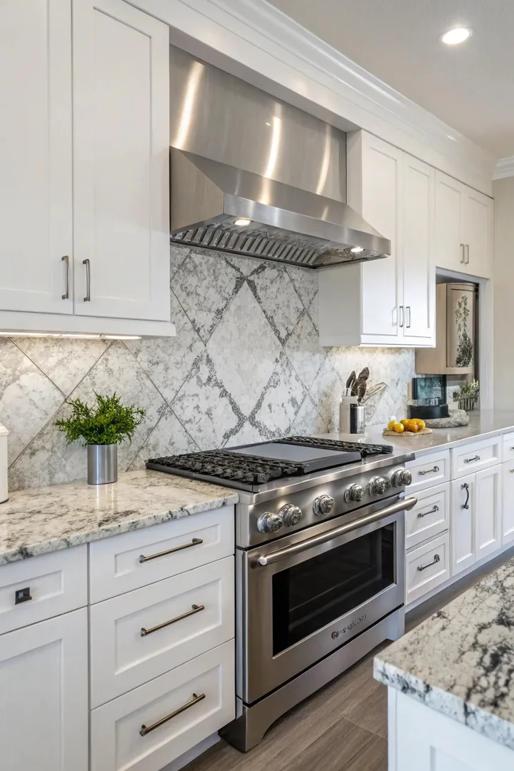 Sleek modernity with Bianco Antico granite and stainless steel.