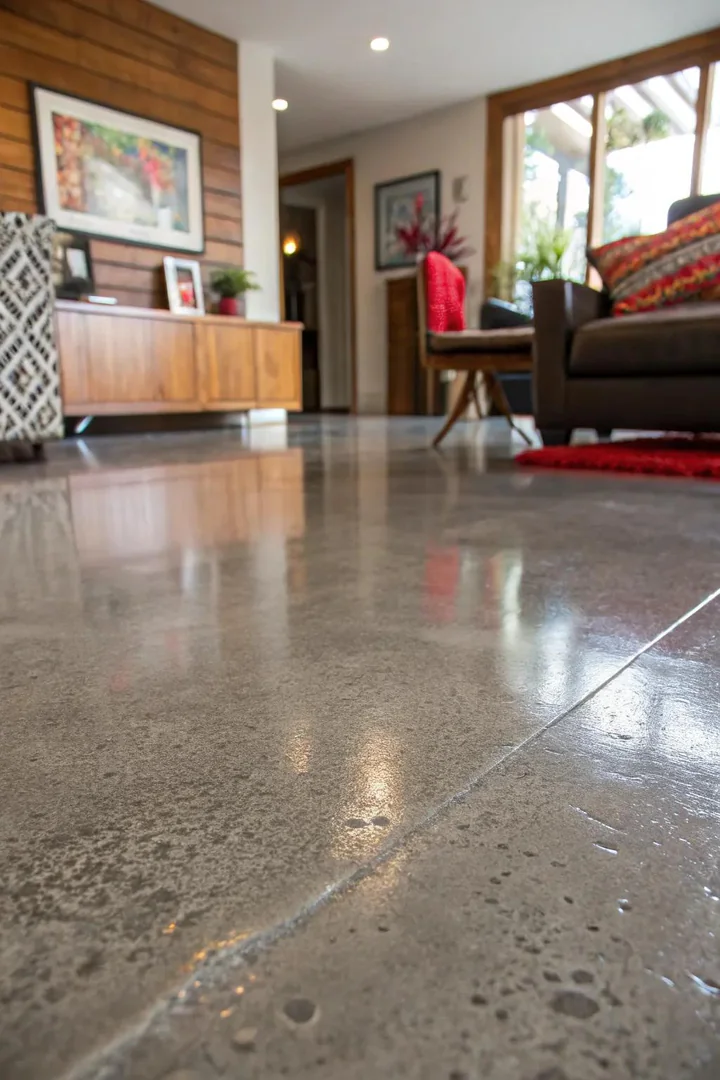 Transform your space with the modern elegance of sleek gray stained concrete floors.