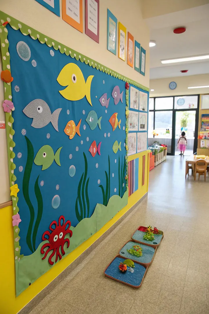 An engaging underwater adventure on a bulletin board with colorful sea creatures.