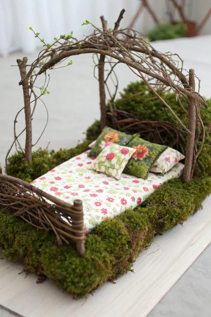 Discover the charm of nature with this enchanting DIY fairy bed, where moss and petals meet in perfect harmony.