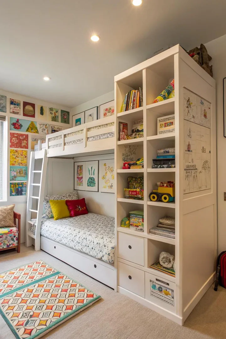 A children's room featuring a convertible bunk Murphy bed.