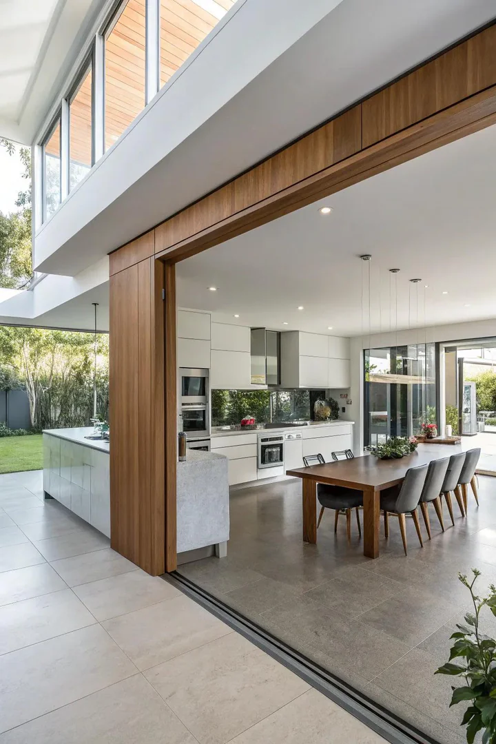A bulkhead serving as a divider between kitchen and dining spaces.