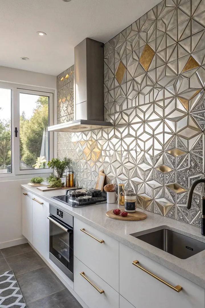 A kitchen showcasing a geometric metal mosaic tile backsplash for added visual interest.