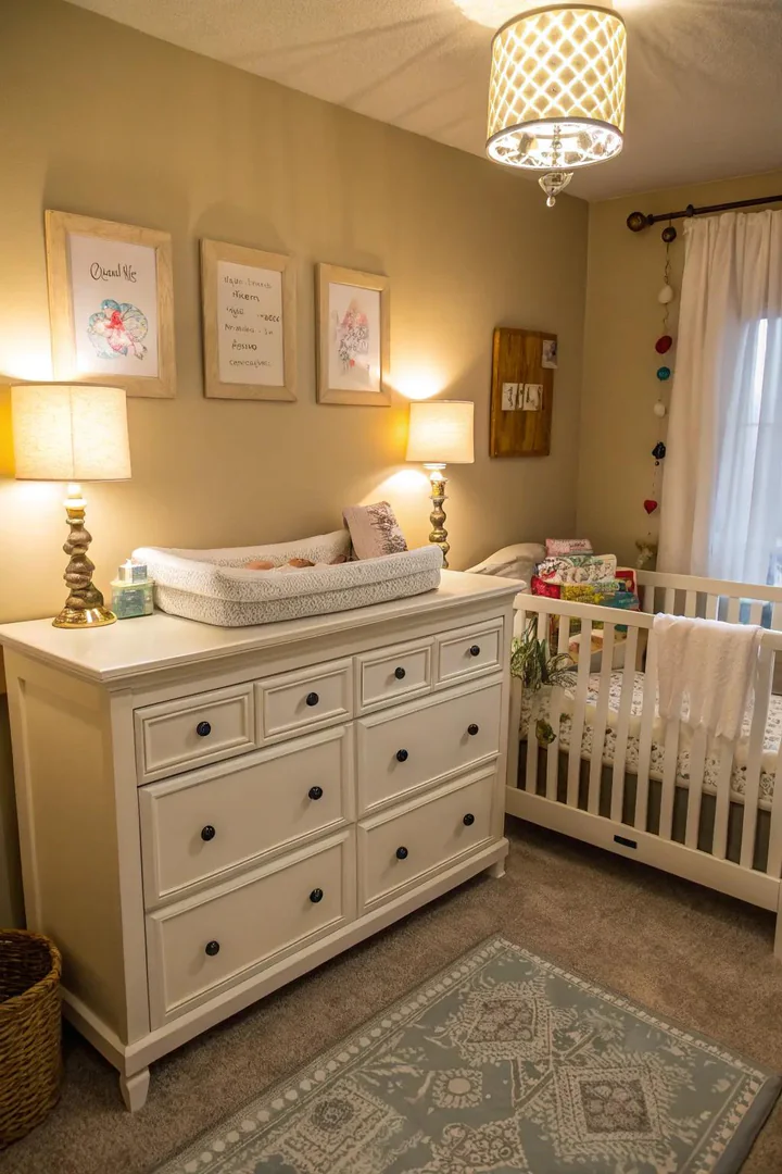 A functional dresser doubles as a changing table in the shared space.