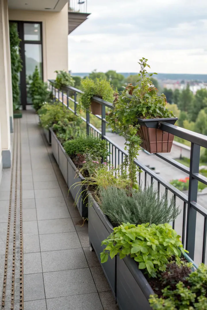 Planters integrated into the railing bring nature closer.