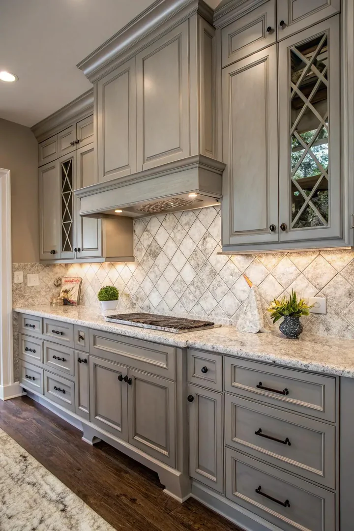 Sophisticated elegance with Bianco Antico granite and gray cabinets.
