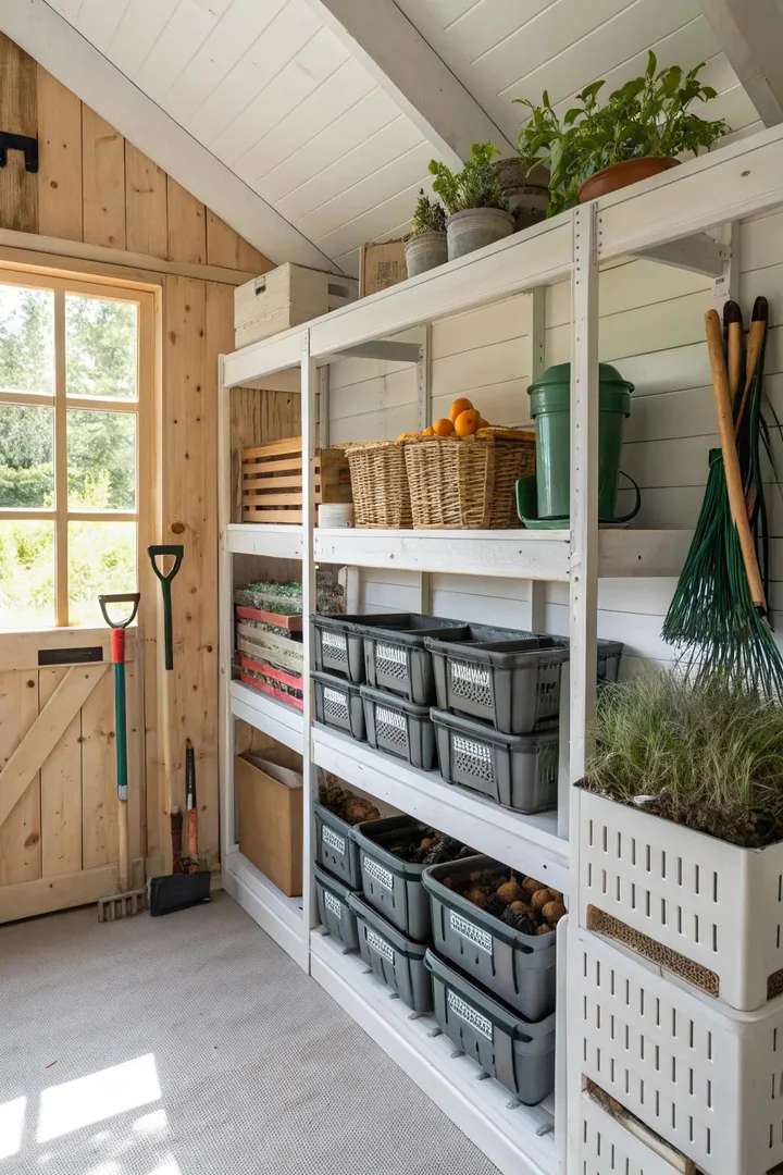 Keep your garden shed neat with innovative shelving solutions.