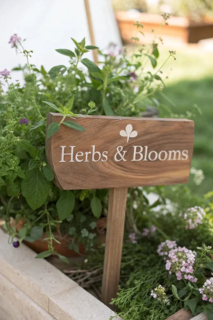 Add a touch of charm to your garden with a handmade 'Herbs & Blooms' sign, perfect for nature lovers and craft enthusiasts alike.