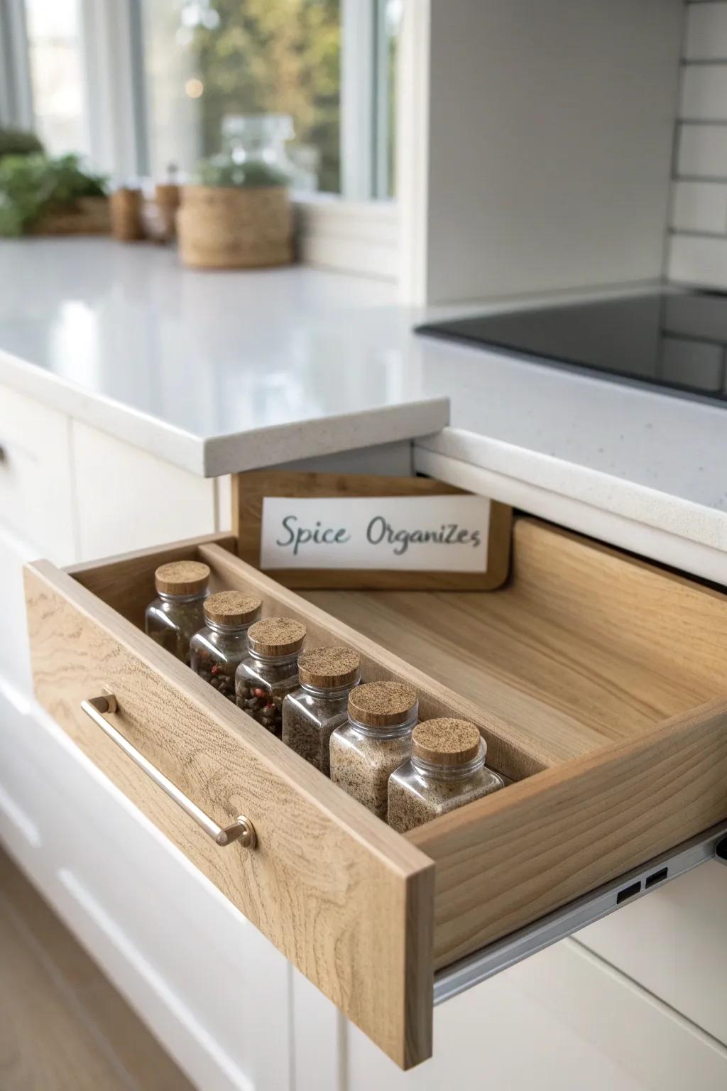 Elevate your kitchen's elegance with a handcrafted spice organizer that blends minimalist design and natural beauty.