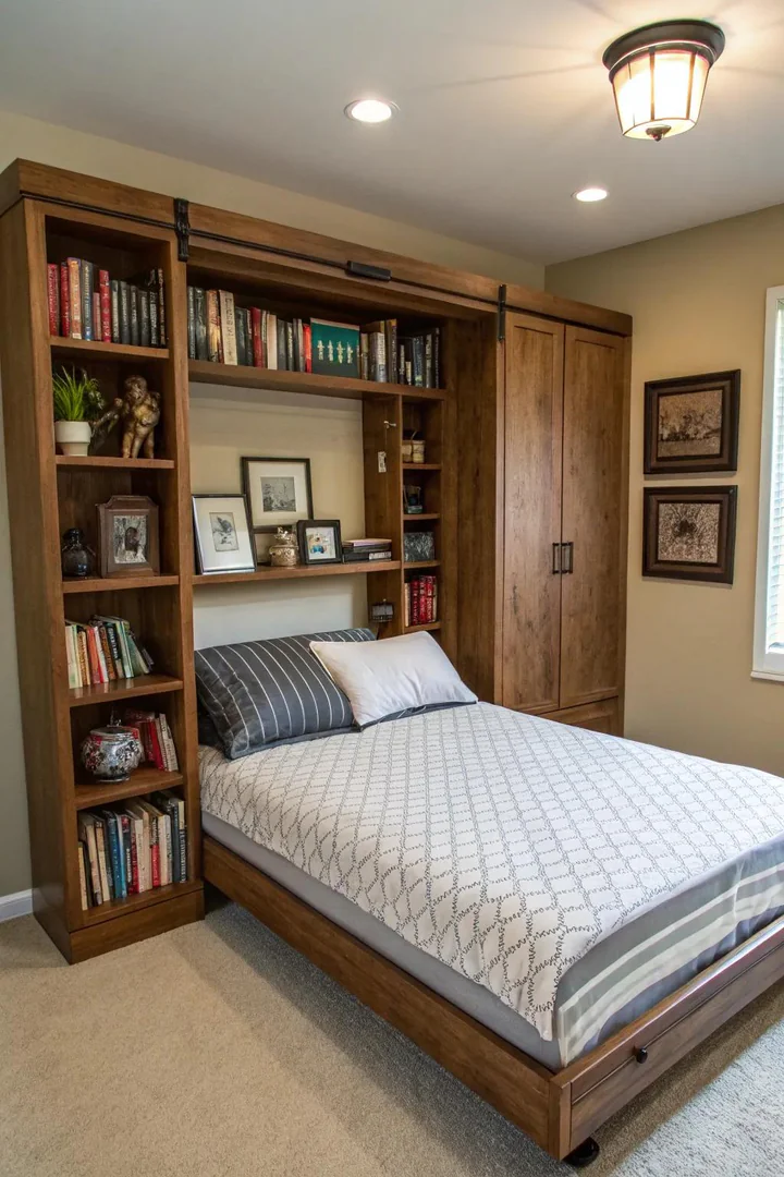 A Murphy bed with an integrated bookshelf for added storage.