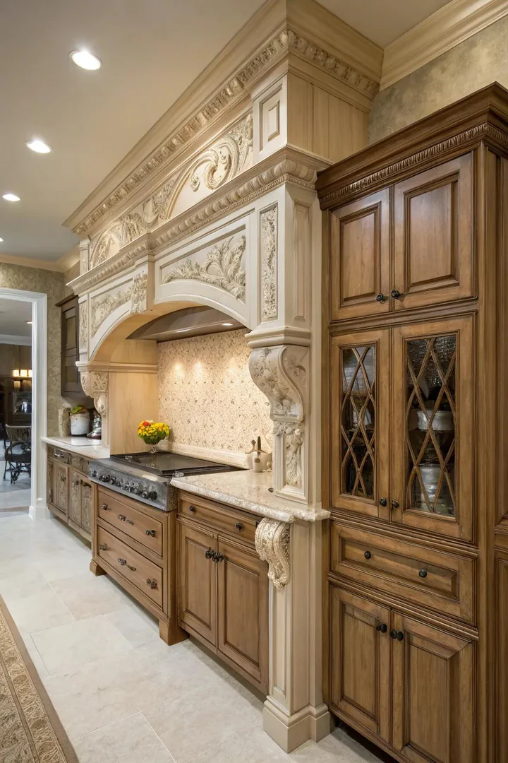Decorative moldings on a bulkhead that match elegant kitchen cabinetry.