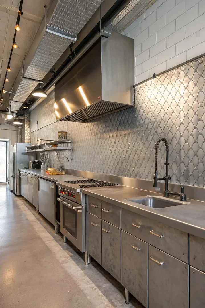 An industrial-style kitchen featuring a sheet metal backsplash for a modern edge.