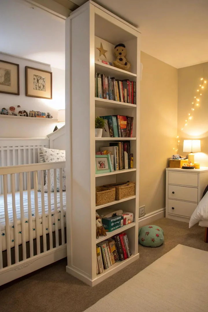 A bookshelf room divider creates a distinct nursery space.