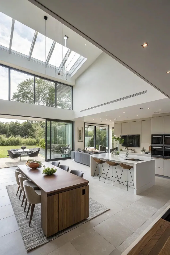 An effortless flow between kitchen and living areas under an open ceiling.