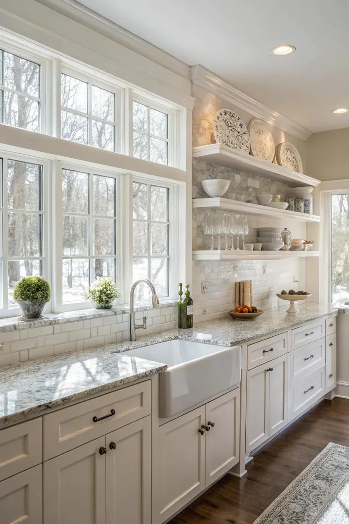Open and airy kitchen with Bianco Antico granite and open shelves.