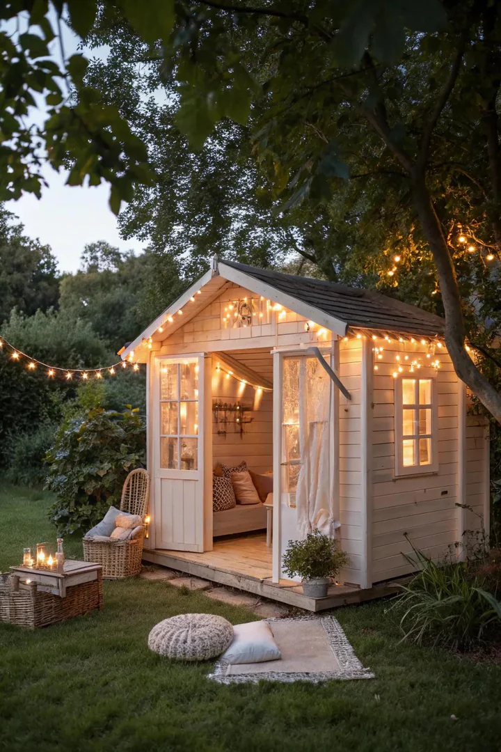 Transform your backyard into a starlit wonderland with enchanting fairy lights around a cozy playhouse.