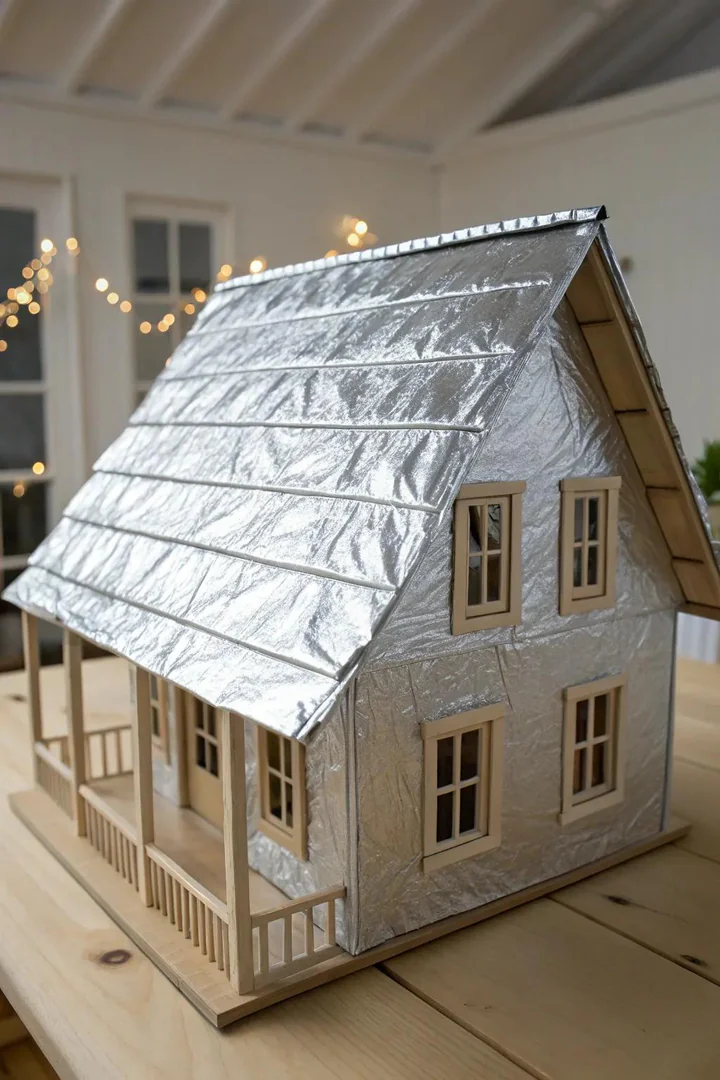 Transform your dollhouse with a chic, metallic touch using aluminum foil for a shiny and modern roof design.