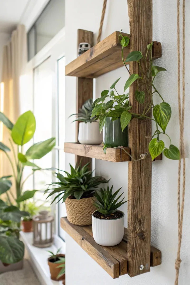 Embrace rustic charm and natural beauty with a DIY plant shelf made from reclaimed wood.