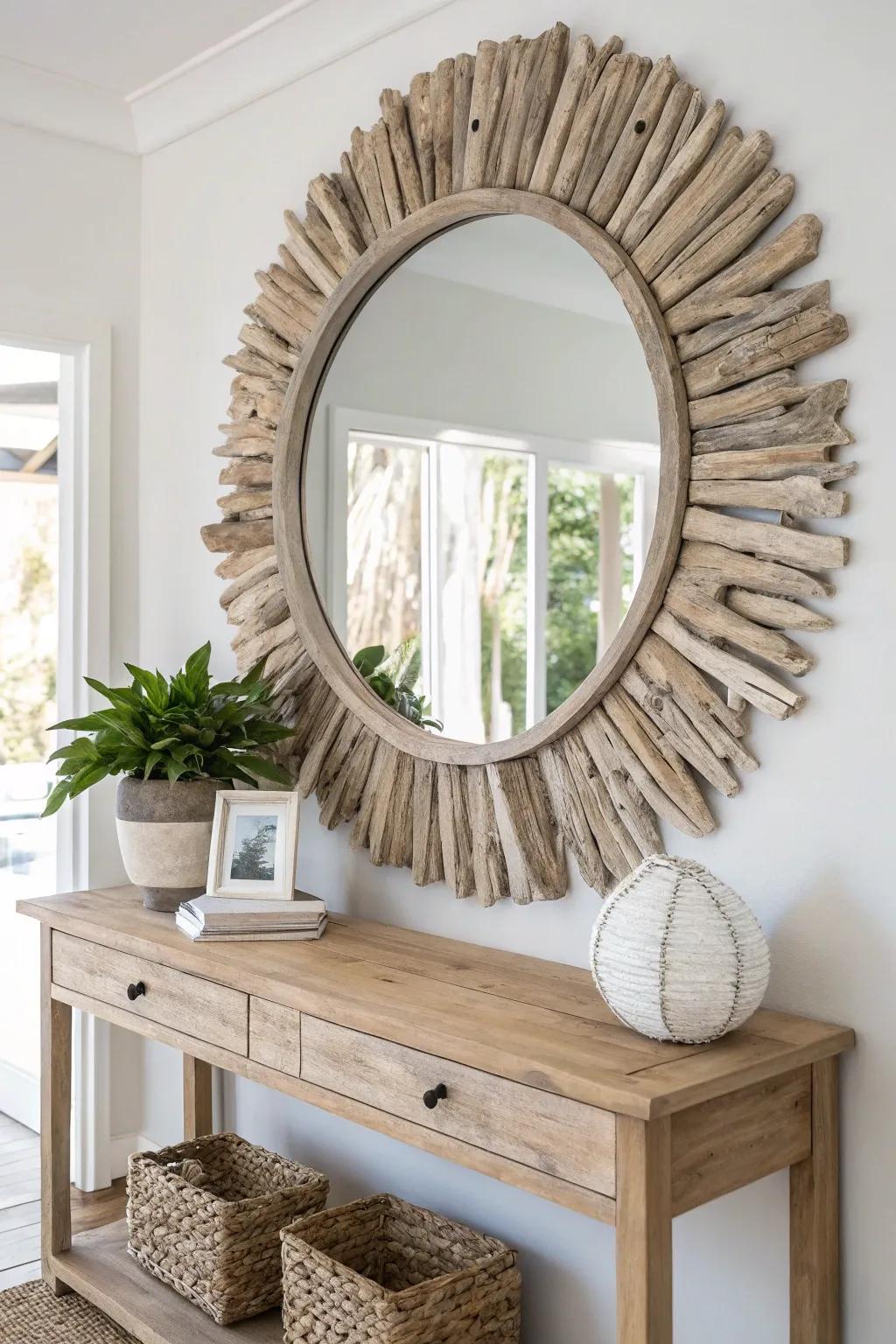Elevate your space with a handcrafted driftwood mirror—where minimalism meets natural elegance.