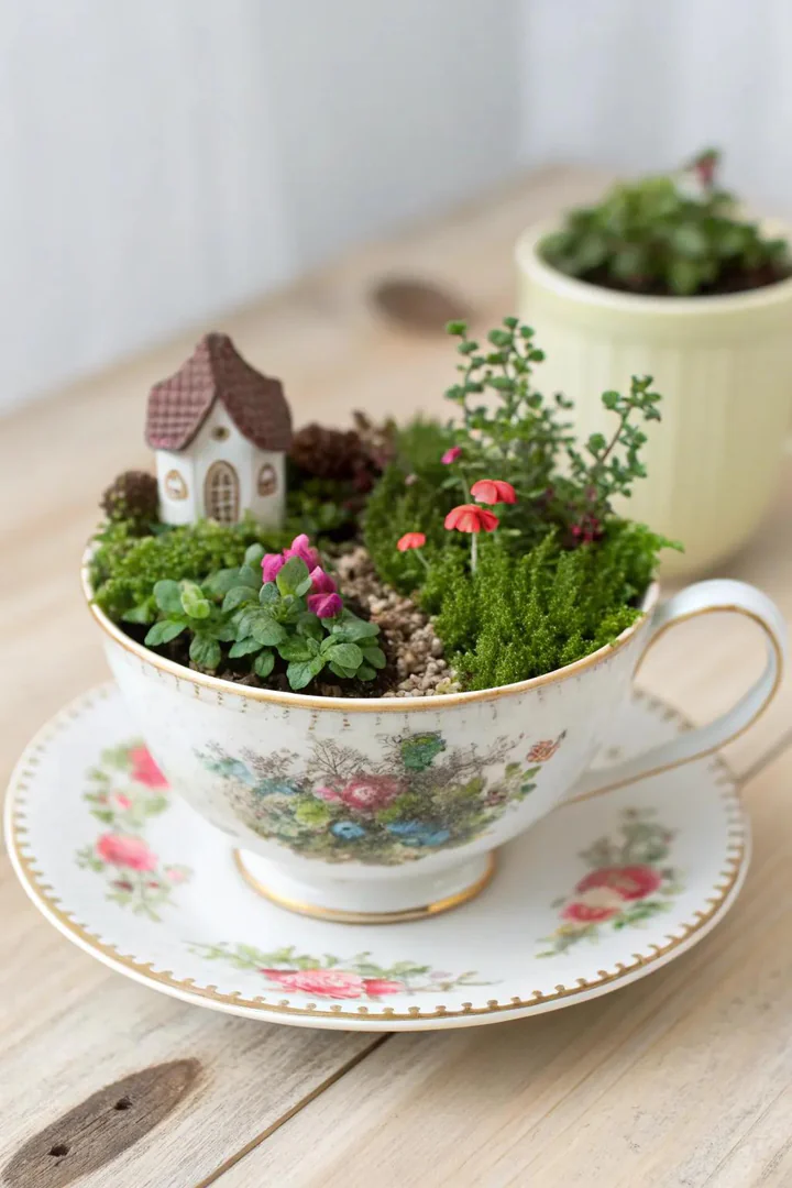 Discover the magic of fairy gardens with this charming teacup creation, perfect for adding a whimsical touch to any space.