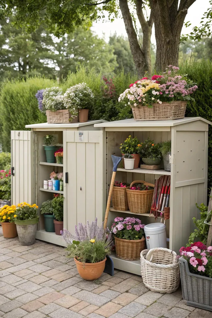 Blend storage with aesthetics using decorative garden elements.