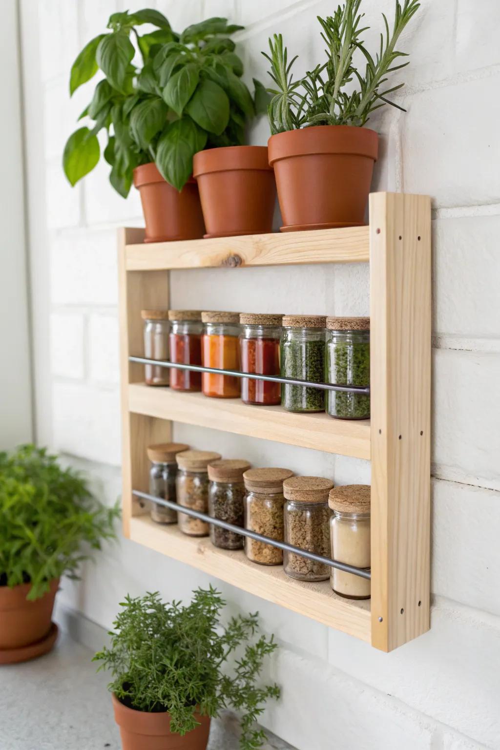 Elevate your kitchen aesthetics with a chic spice rack paired with fresh greenery for a touch of natural charm.