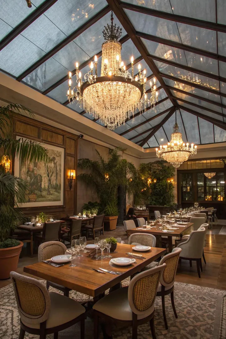 A stunning chandelier makes a bold statement in this open-ceiling dining area.