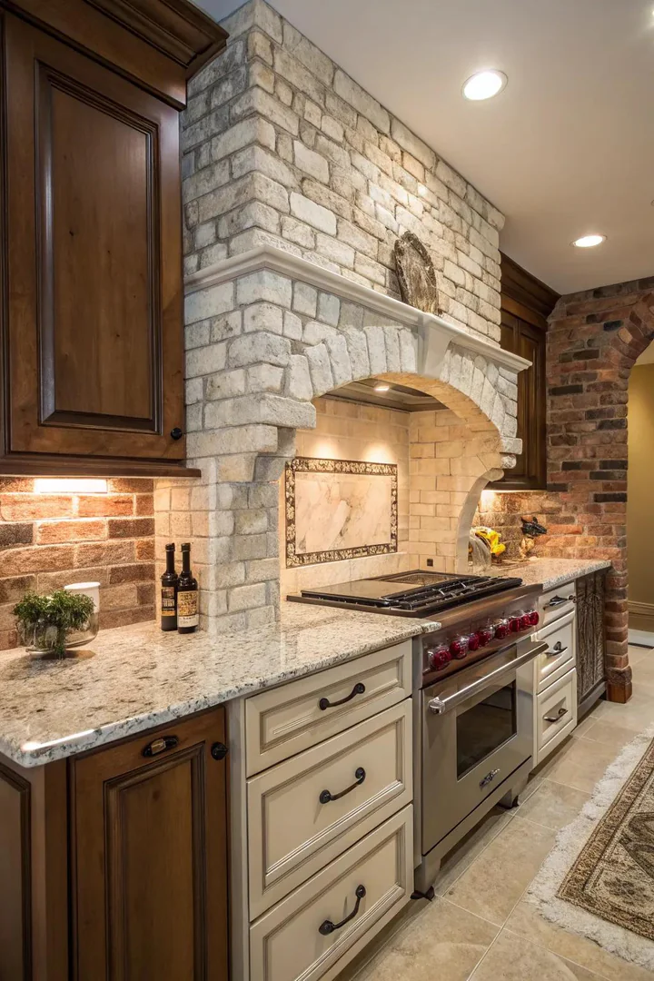 Rustic charm with Bianco Antico granite and brick accents.