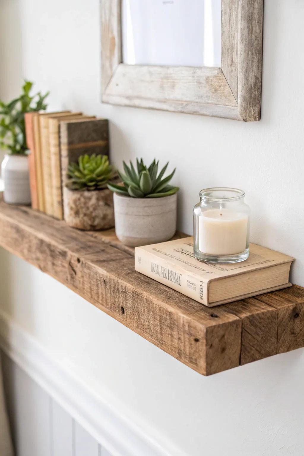 Elevate your space with the rustic elegance of DIY floating shelves.