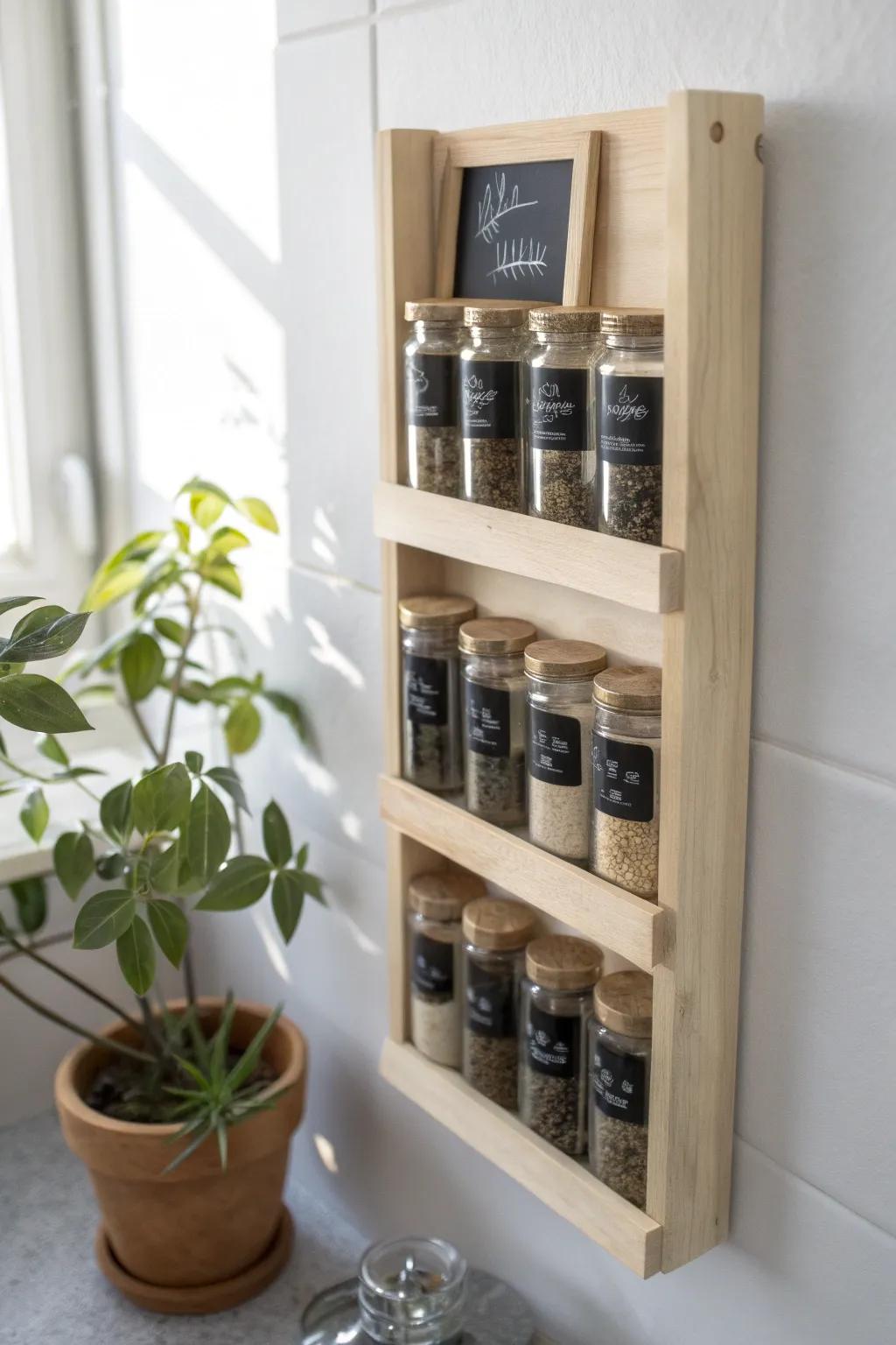Elevate your kitchen with a touch of handcrafted charm: a minimalist spice rack with customizable chalkboard labels.