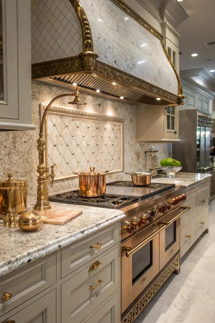 Luxurious kitchen with Bianco Antico granite and metallic accents.