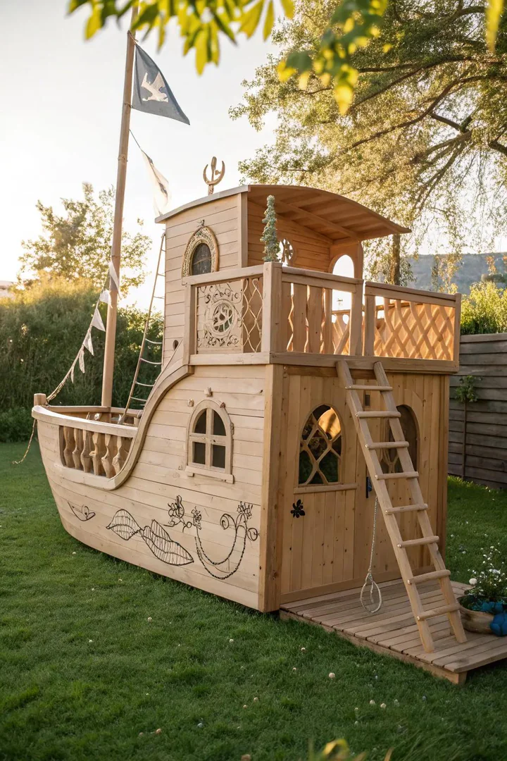 Set sail on a sea of imagination with this charming Scandinavian-inspired pirate ship playhouse!