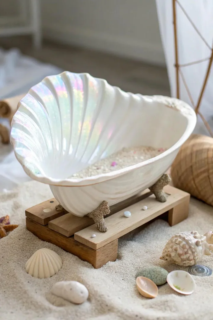 Dive into enchantment with a seashell bathtub perfect for fairy tales by the sea.