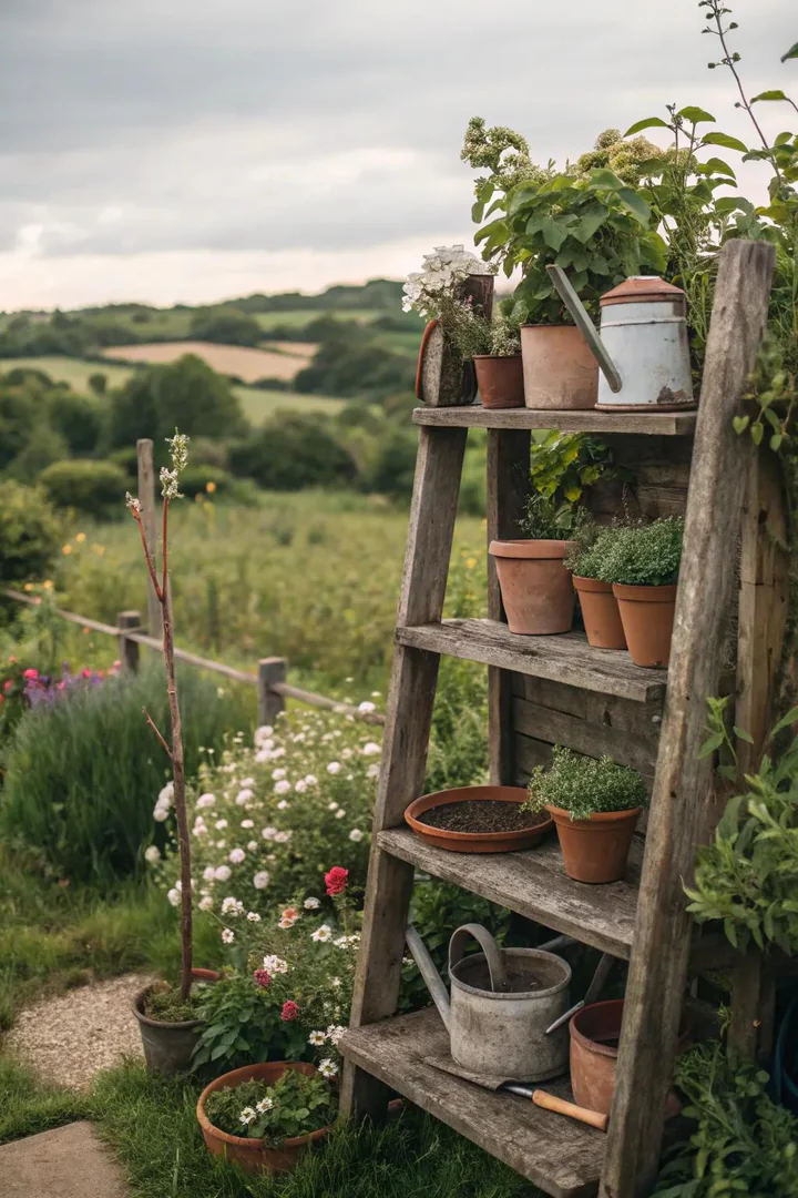 Add charm and utility to your garden with rustic wooden shelves.