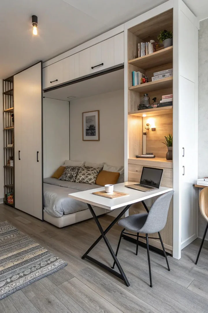 A studio apartment featuring a Murphy bed with a dining table.