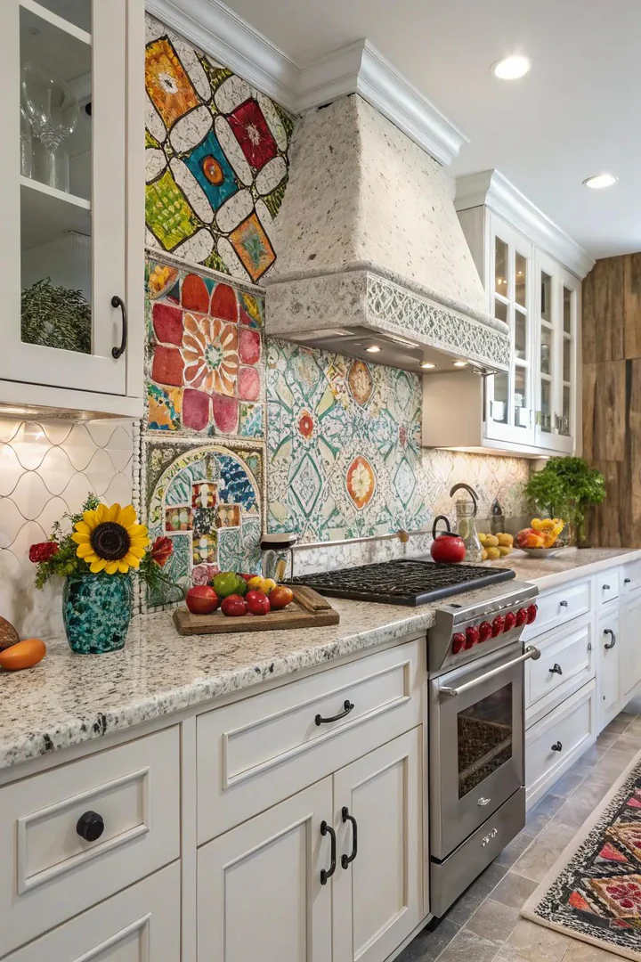 Vibrant and eclectic kitchen with Bianco Antico granite and colorful tiles.