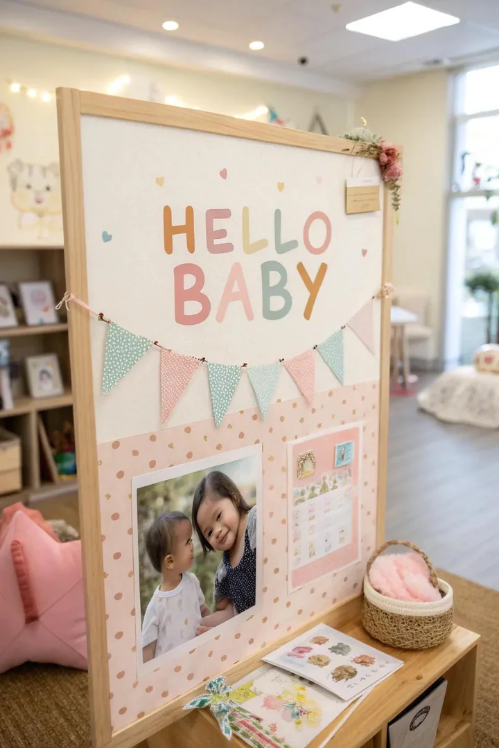 A warm and inviting 'Hello Baby' themed bulletin board for new arrivals.