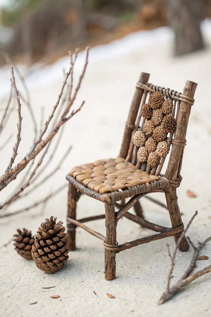 Discover the enchanting charm of pinecone furniture—craftsmanship meets nature in this woodland-inspired miniature chair.