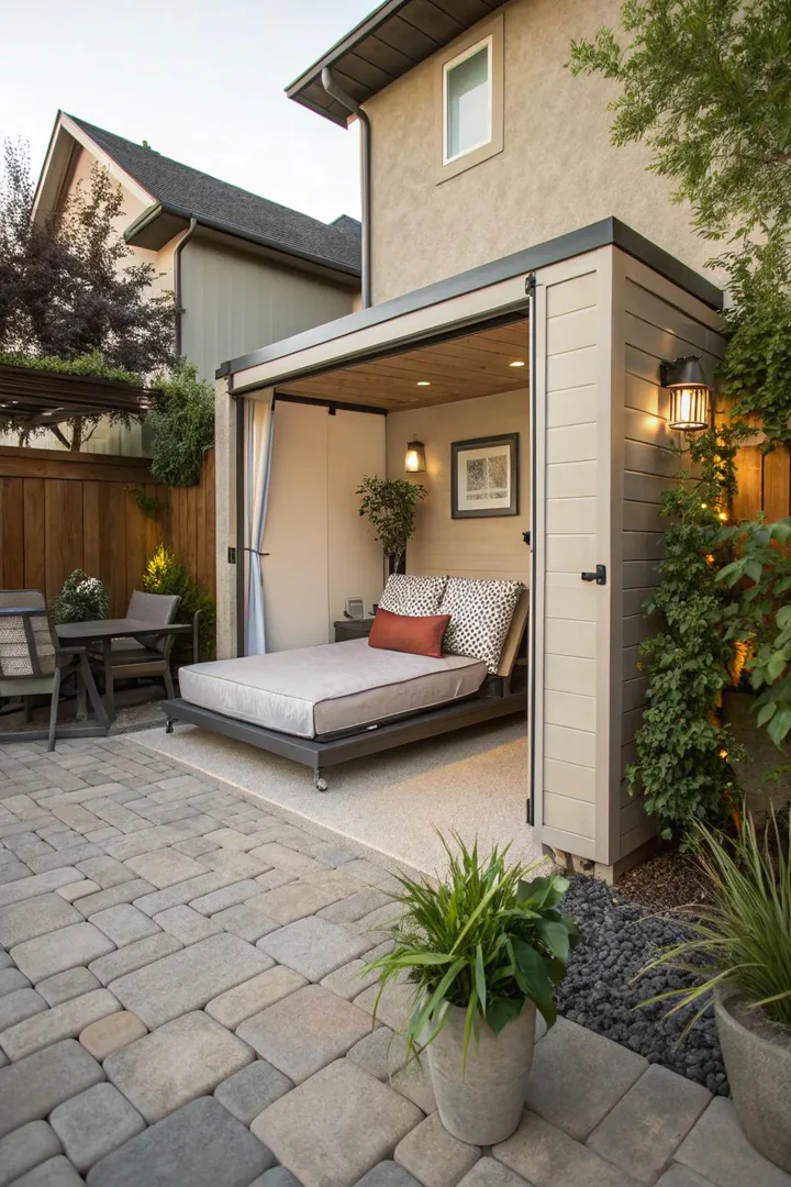 A patio featuring a weatherproof outdoor Murphy bed.